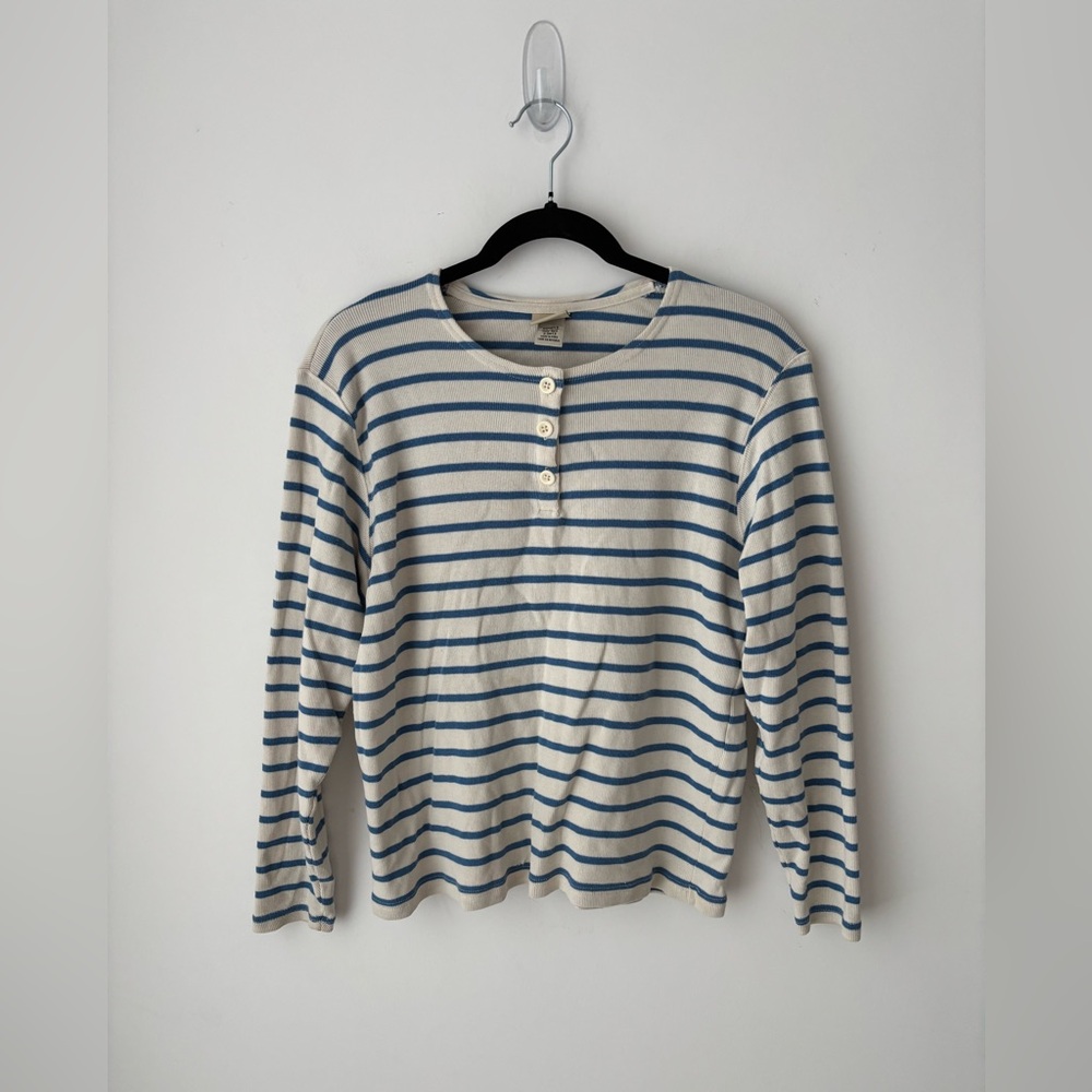 L.L.Bean Blue Breton Stripe Cotton Henley Top Women’s Medium Nautical Shirt